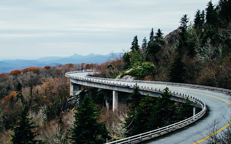 A winding road on a tree-covered hillside